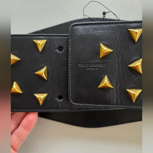 Nwot Saint Laurent Paris Black LeatherBelt w/ Gold Studs Size M Italy